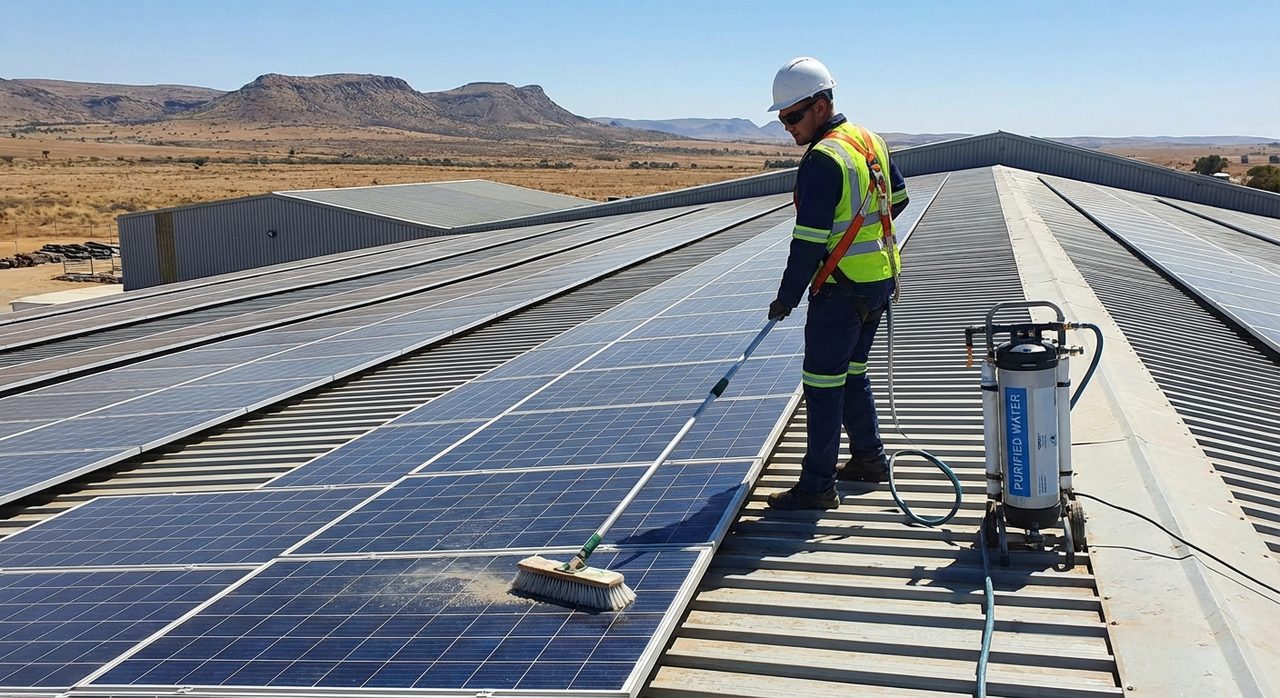 Solar technician cleaning commercial solar panels in South Africa