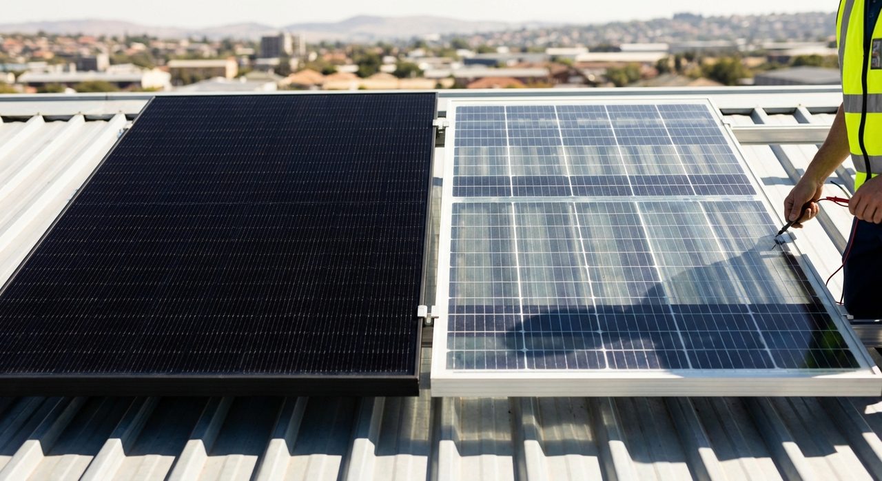 Monocrystalline solar panels on a South African commercial rooftop